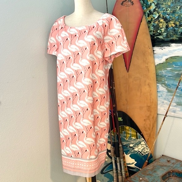 🦩Julian Taylor, FLAMINGOS,Sheath Dress, Print Pink Flamingo, Stretch, Size 18W - Picture 1 of 9
